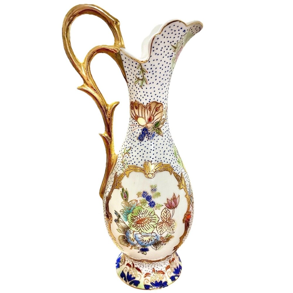 Antique Japanese Moriage Ewer Vase Hand Painted Raised Enamel Gilt Porcelain 11”
